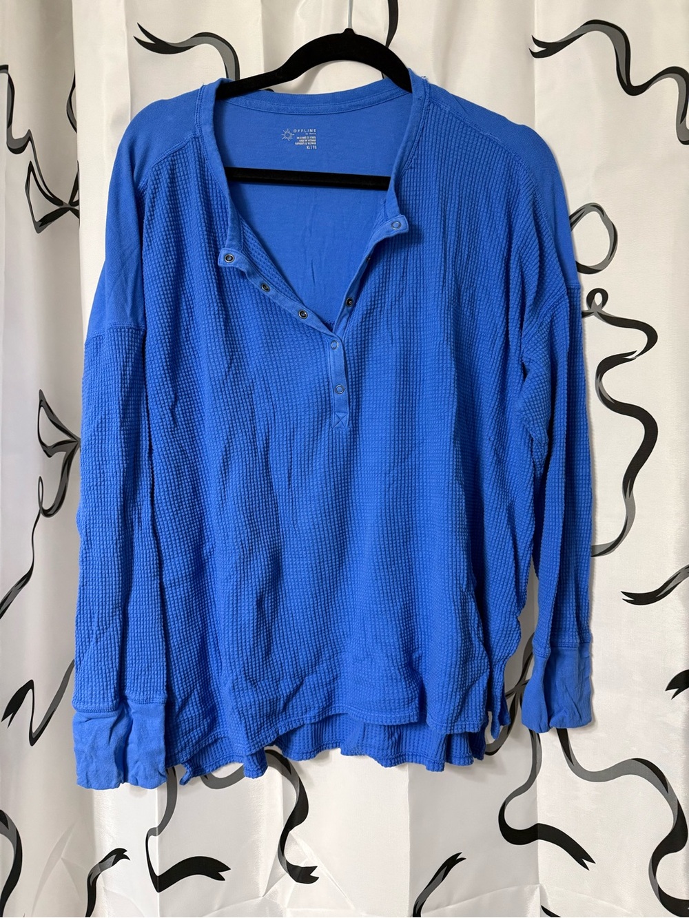 Offline by Aerie, Blue Waffle Knit Henley Long Sleeve Top, XL